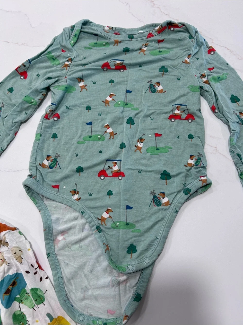 Angel Dear Long-Sleeve One-Piece Bodysuits in Cream, Green & Multi